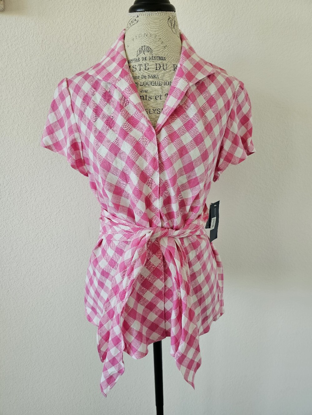 Jones New York Signature Pink Gingham Linen Blouse​ Size Large New With Tags